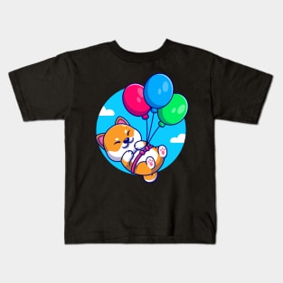 Cute Shiba Inu Dog Floating With Balloon Cartoon Kids T-Shirt